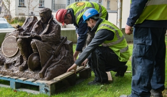 Ledwidge Statue installation October 2017. Francis Ledwidge 1887-1917. Bronze sculpture. 1000mm x 1200mm x 1200mm. Slane Village Space.
